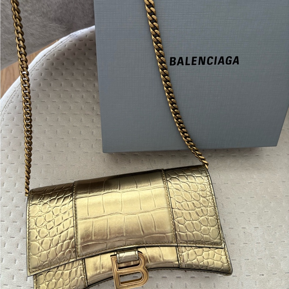 BALENCIAGA Gold Croc-Embossed Wallet on Chain Bag - Picture 5 of 7